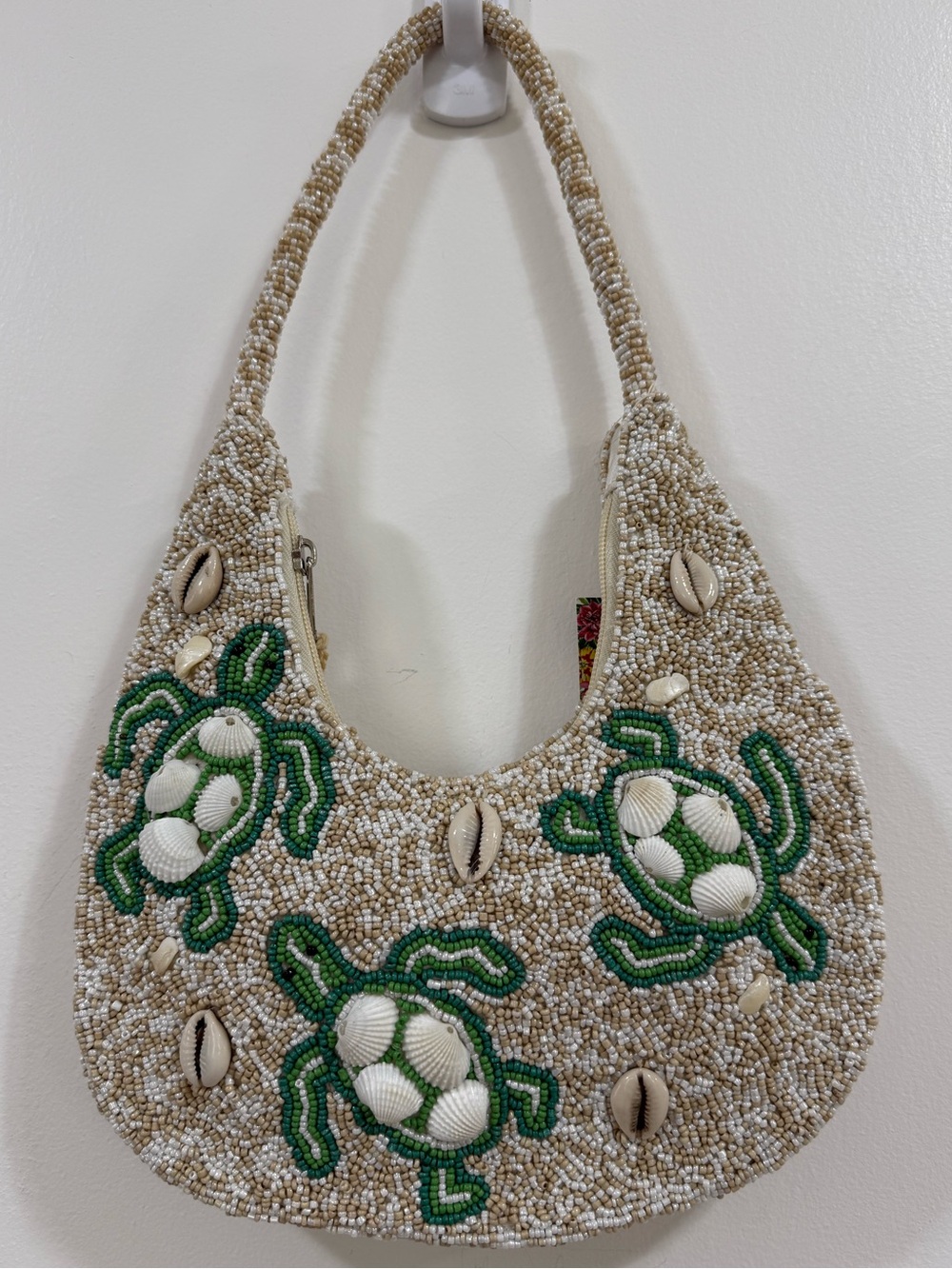 Beaded Sea Turtle Hobo Bag in Beige and Green Anthropologie nwt